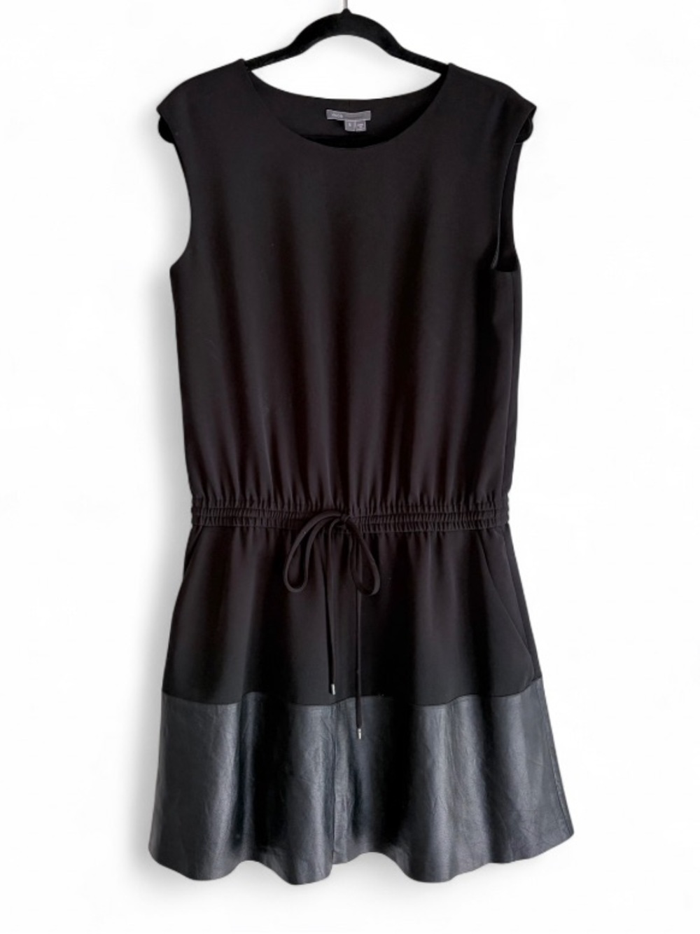 Vince Black Sleeveless Leather Trim Drawstring Waist Dress Size S